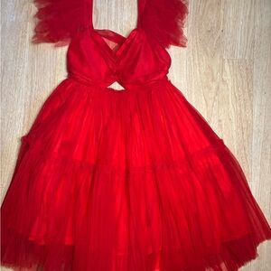 Red Tulle Dress with Ruffled Straps